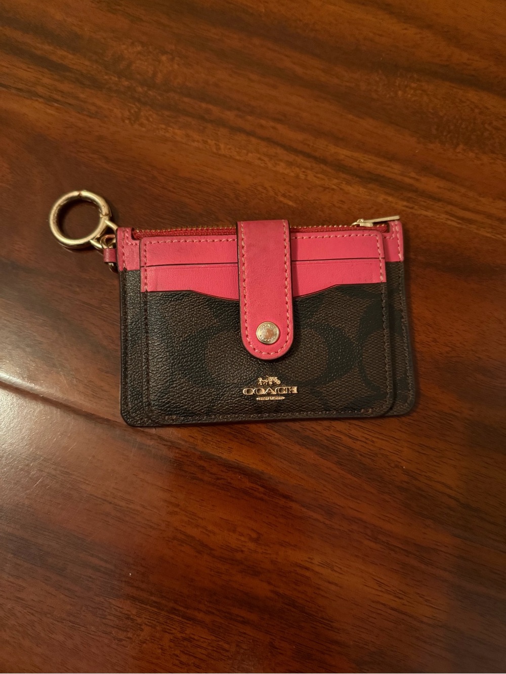 Coach Brown Signature Card Holder with Pink Leather Trim and Key Ring